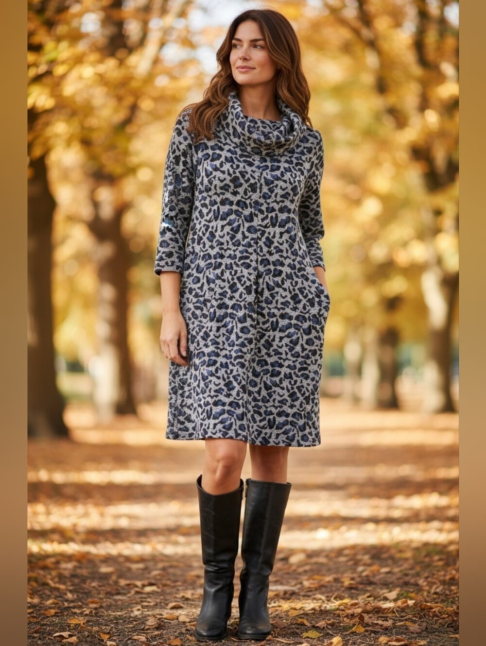 Tyler Boe Cowl Neck Leopard Print Sweater Dress in Gray Blue Black Large